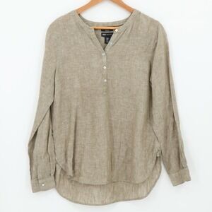 Linen Tunic Top Long Sleeve Womens Vacation Popover Olive Green Button‎ Size S